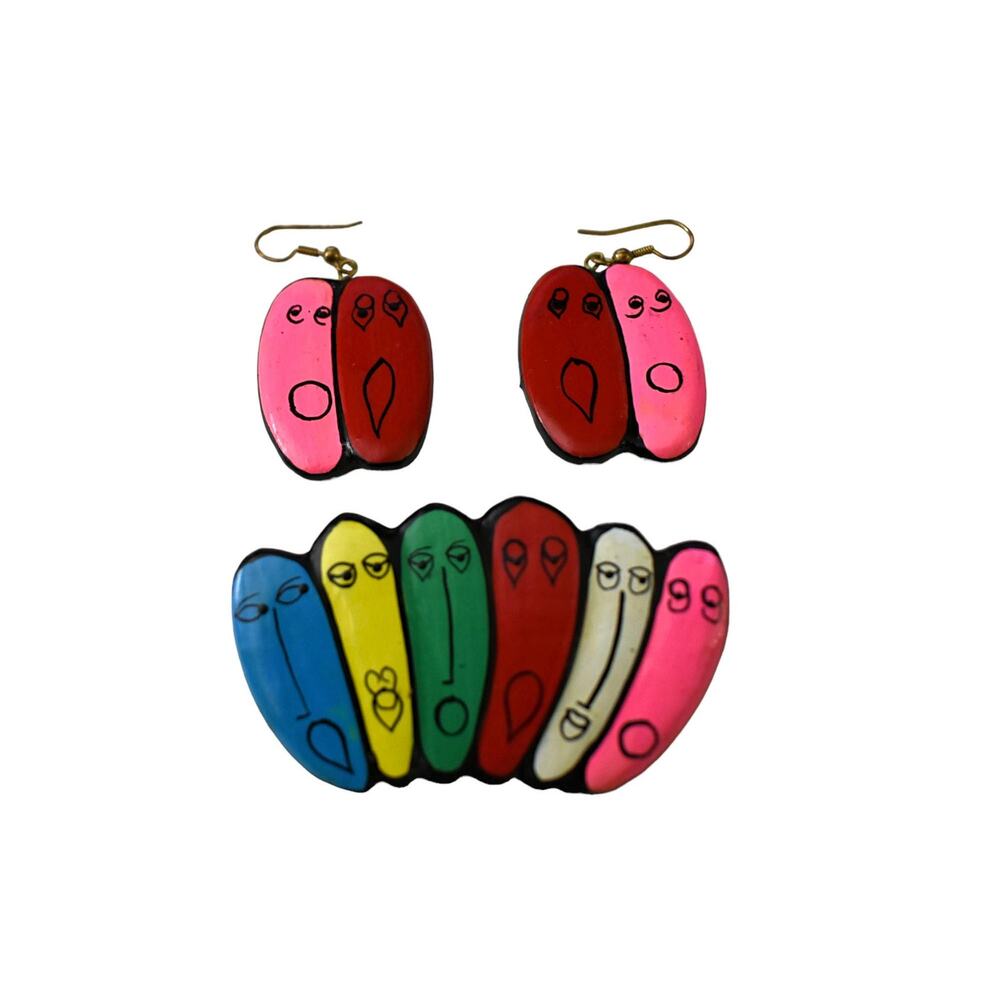 Vintage Demi Parure 80s Modernist Novelty Faces Rainbow Brooch Dangle Earrings